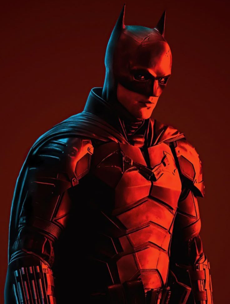 Robert Pattinson como Batman em arte de divulgação de The Batman, com iluminação vermelha