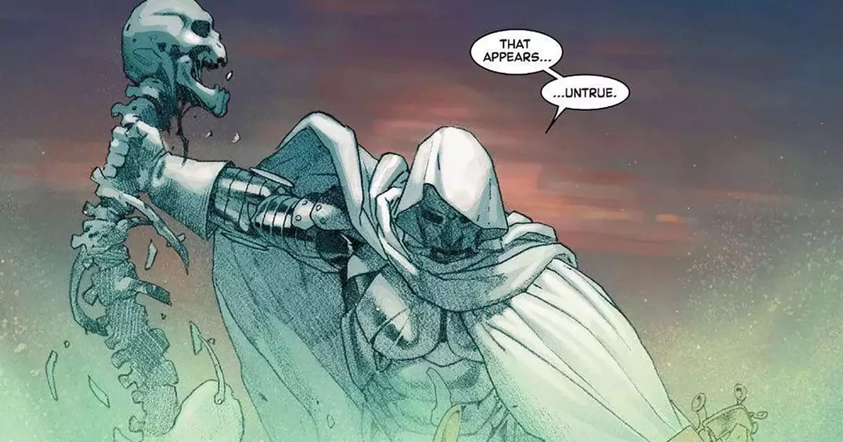 Arte de quadrinhos da Marvel em que o Doutor Destino segura a espinha de Thanos